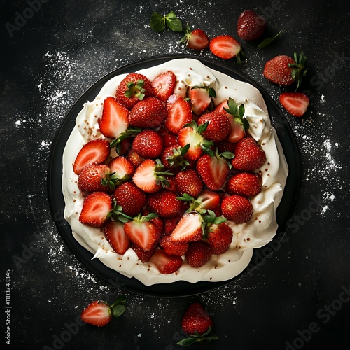 A delicious pavlova topped with fresh strawberries and whipped cream on a dark background.