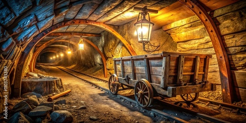 Old West Style Underground Mine Cart in a Dimly Lit Tunnel: Rustic Charm and Historical Significance Captured in Conceptual Photography