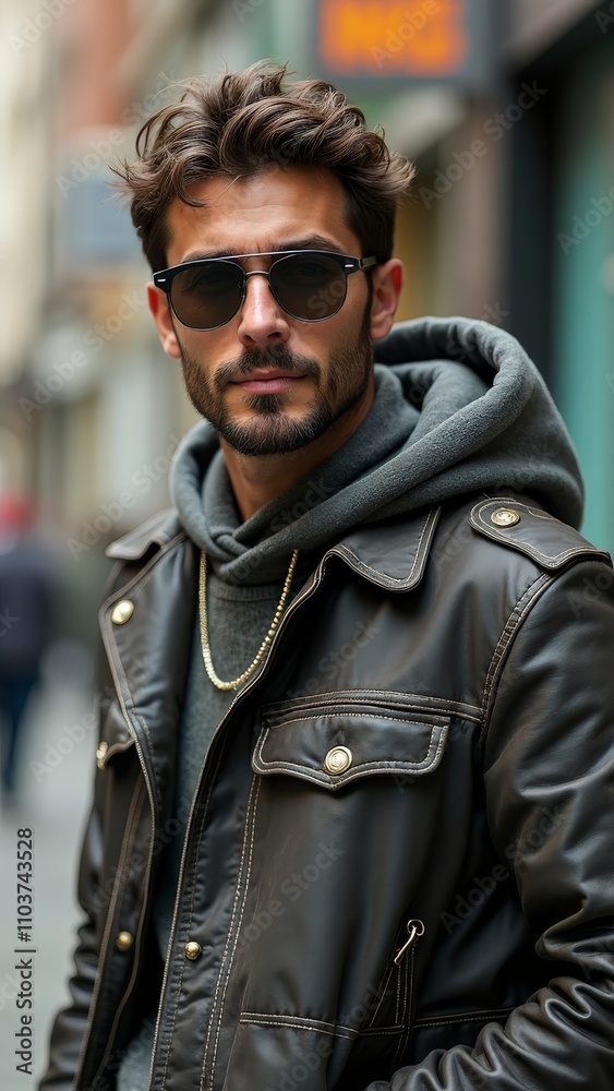 Stylish man in sunglasses and leather jacket on city street Stylish man in sunglasses and leather jacket on city street