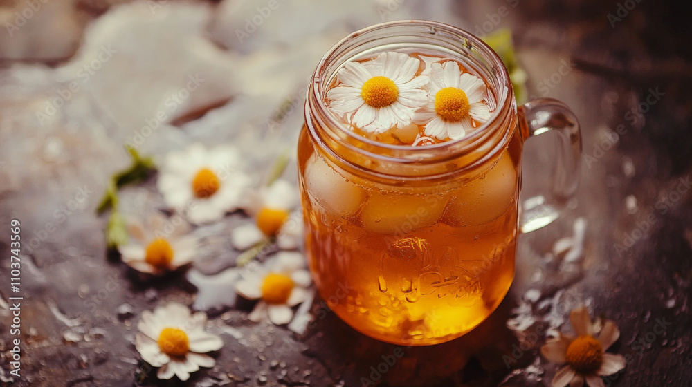 Refreshing iced tea with chamomile and honey served in mason jar, garnished with fresh chamomile flowers, evokes sense of tranquility and summer bliss Refreshing iced tea with chamomile and honey served in mason jar, garnished with fresh chamomile flowers, evokes sense of tranquility and summer bliss