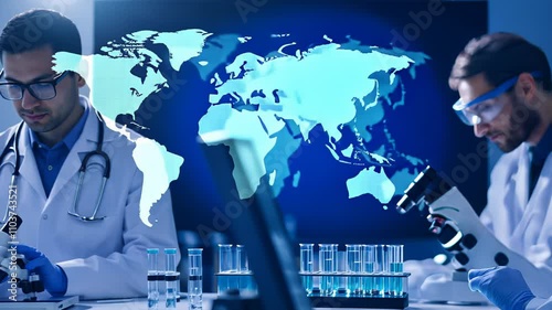 Scientists conducting research in a modern lab with a world map display during a global health study
