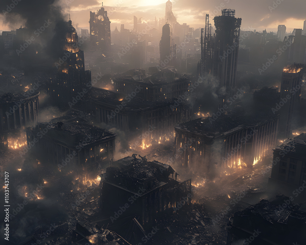 A desolate urban landscape engulfed in flames and smoke, depicting destruction and chaos. A desolate urban landscape engulfed in flames and smoke, depicting destruction and chaos.