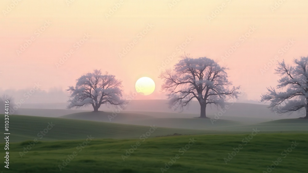 Fototapeta premium Serene Sunrise Over Rolling Hills: Capture the Tranquil Beauty of Nature at Dawn