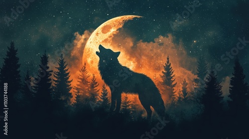 A howling wolf silhouette with a luminous moon shining through, filled with a celestial starry night and silhouettes of pine trees in an artistic double exposure technique. photo