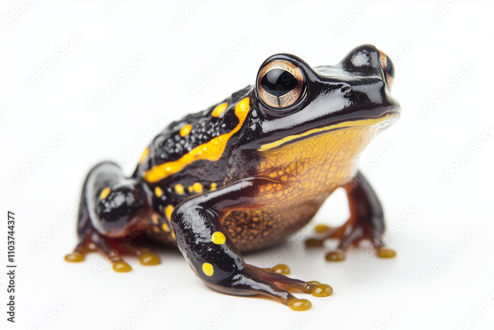 Obraz premium Selective focus colorful frog isolated on white background, Close up shot chubby toad on white, Poisonous frog.