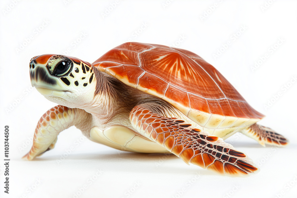 Fototapeta premium Selective focus sea turtle isolated on white background, Portrait of of tortoise on white.