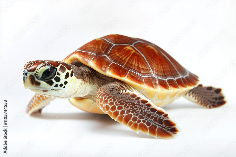 Fototapeta premium Selective focus sea turtle isolated on white background, Portrait of of tortoise on white.