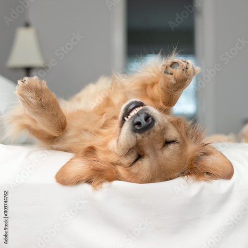 Happy Golden retriever dog lying on its back rolling around on a bed photo