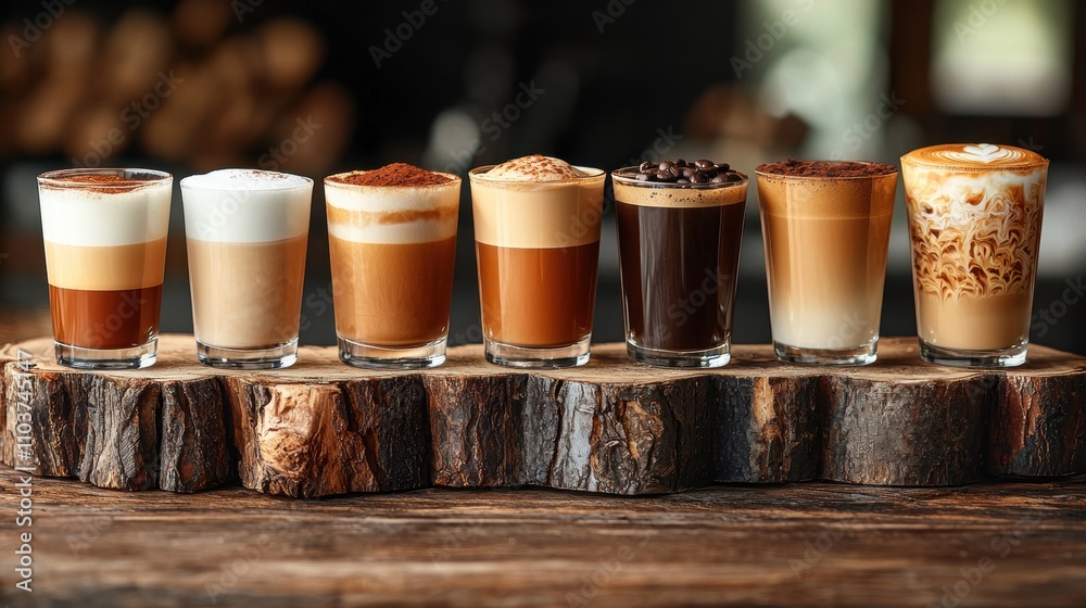 Fototapeta premium Set of coffee drinks in transparent glasses on a wooden board. Dark background.