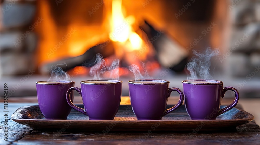 Small purple tea cups arranged on a traditional tray in front of a warm fireplace with smoldering embers, creating a cozy atmosphere perfect for tea time moments. Space for text. Small purple tea cups arranged on a traditional tray in front of a warm fireplace with smoldering embers, creating a cozy atmosphere perfect for tea time moments. Space for text.