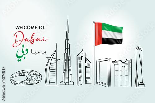 Dubai United Arab Emirates national day with flag welcome El Youm El Watany Marhaba in Arabic Translation