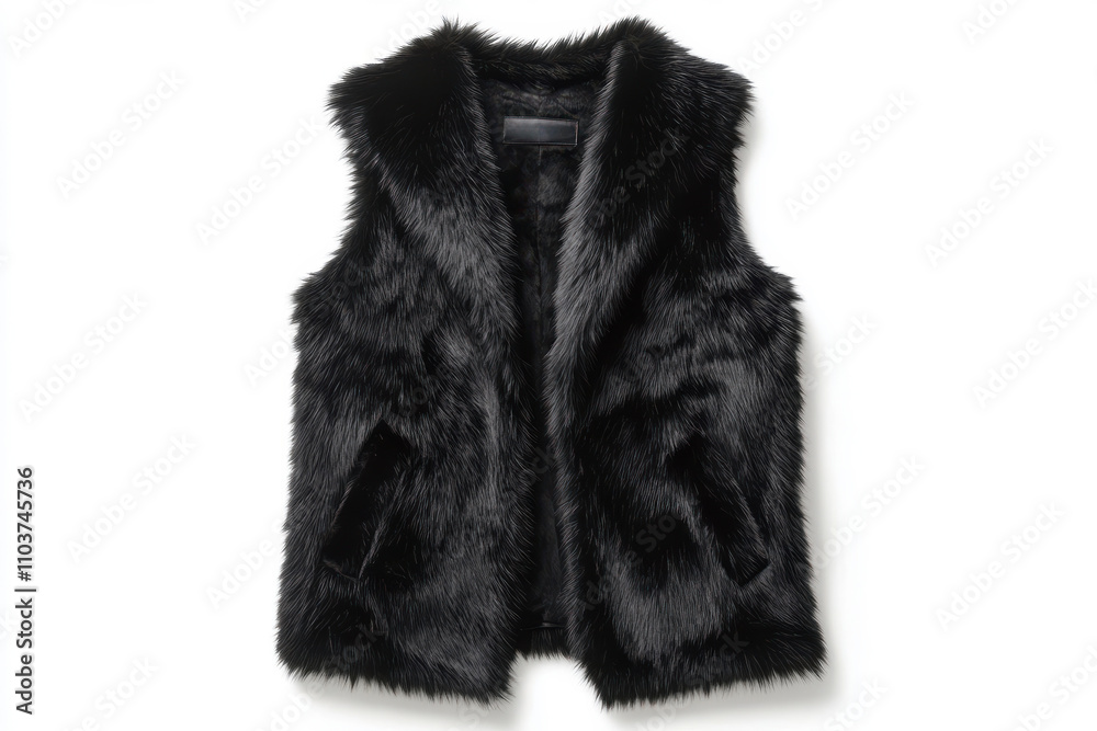 Black faux fur vest on white background, cruelty-free fashion item ideal for branding, mockups, and ethical online shopping campaigns Black faux fur vest on white background, cruelty-free fashion item ideal for branding, mockups, and ethical online shopping campaigns