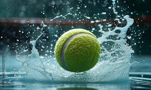 A tennis ball splashes in water, capturing motion and energy in a dynamic sports moment. photo