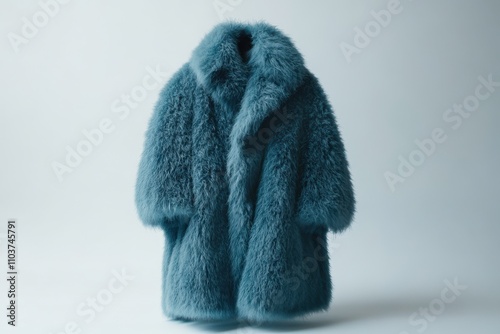 Blue faux fur coat, front view on neutral white background, cruelty-free winterwear for sustainable branding and promotion photo