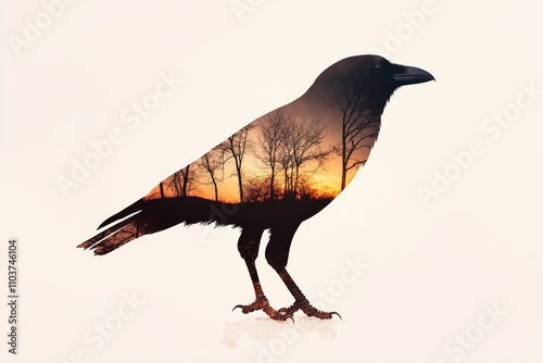 Silhouette of a Raven with a Sunset Landscape - Artistic Nature and Wildlife Double Exposure Image for Creative Projects photo