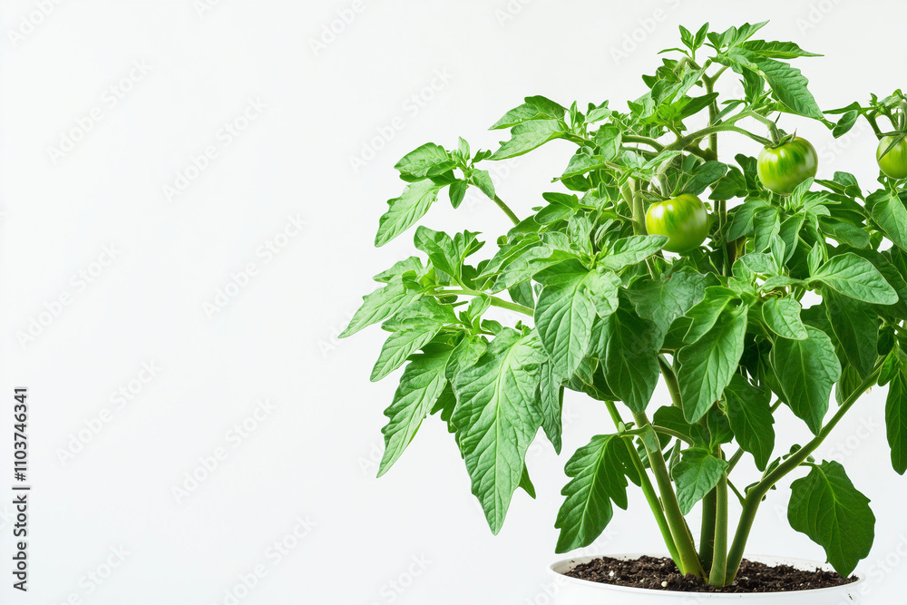 Selective focus tomato plant in gardening pot isolated on white background, Green plant in pot. Selective focus tomato plant in gardening pot isolated on white background, Green plant in pot.