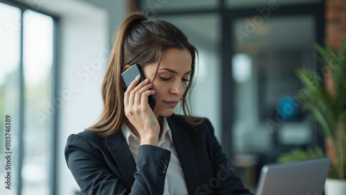 Stressed businesswoman with neck pain during phone call in office: Overworked professional managing deadlines