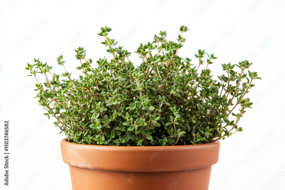 Fresh thyme in gardening pot isolated on white background, Selective focus aromatic herb for cooking in pot. Fresh thyme in gardening pot isolated on white background, Selective focus aromatic herb for cooking in pot.