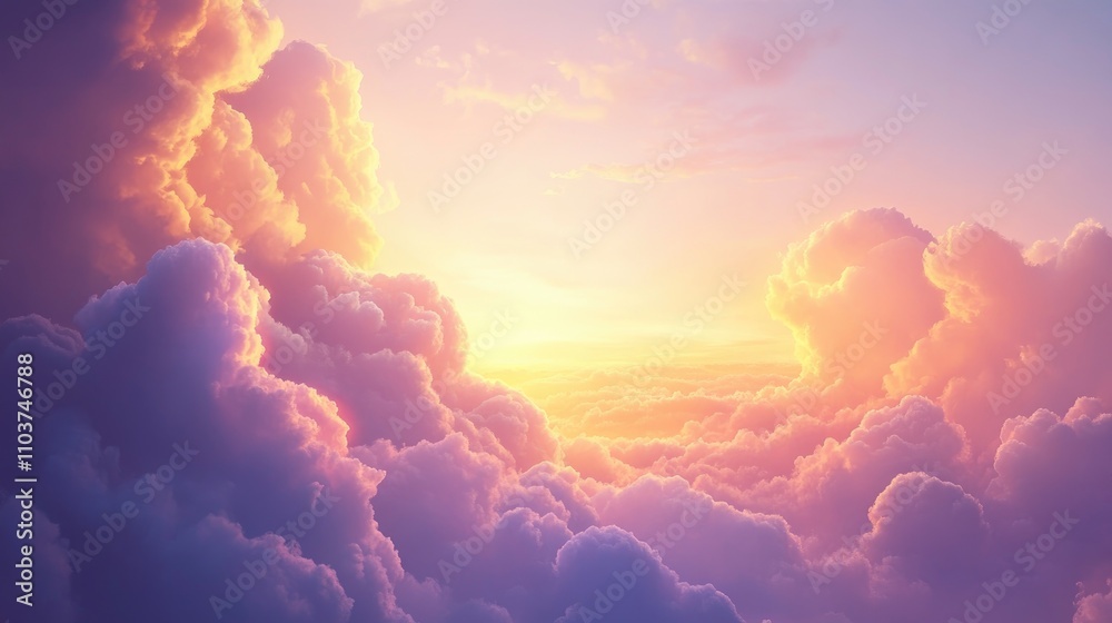 Serene sunset view with soft, fluffy clouds bathed in warm golden hues, creating a peaceful and idyllic atmosphere.