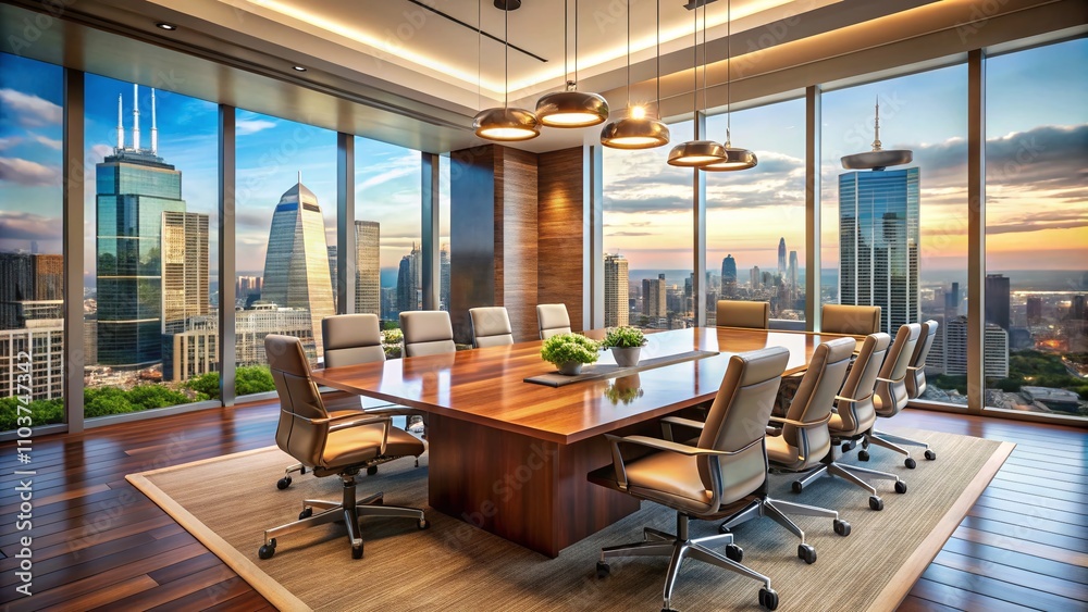 Panoramic Business Boardroom with Modern Furniture Showcasing a Stunning Cityscape View, Perfect for Corporate Meetings and Professional Presentations in a Dynamic Urban Environment Panoramic Business Boardroom with Modern Furniture Showcasing a Stunning Cityscape View, Perfect for Corporate Meetings and Professional Presentations in a Dynamic Urban Environment