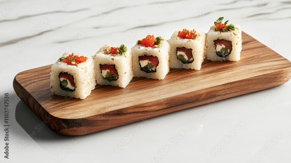 Mini sushi rolls arranged on a wooden board with a clean background. These mini sushi rolls offer a delightful presentation perfect for culinary visuals. Copy space available. Mini sushi rolls arranged on a wooden board with a clean background. These mini sushi rolls offer a delightful presentation perfect for culinary visuals. Copy space available.