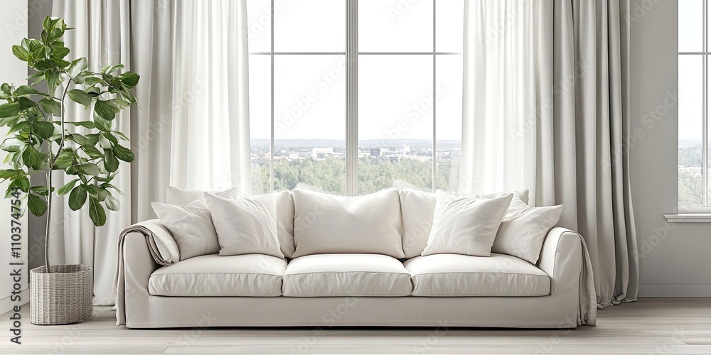 Fototapeta premium A comfortable white sofa situated near the window, adorned with white curtains that allow in plenty of natural light, creates a bright and inviting atmosphere.