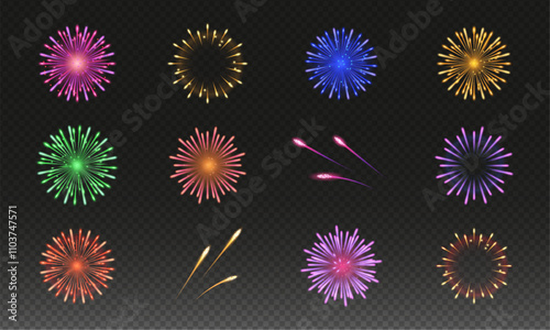  Colorful festive fireworks set. Isolated vector illustration on transparent background.