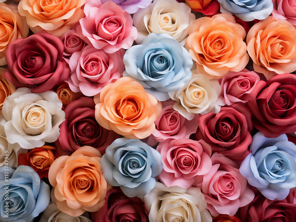 Colorful roses arranged as a background with a vibrant assortment of petals Colorful roses arranged as a background with a vibrant assortment of petals