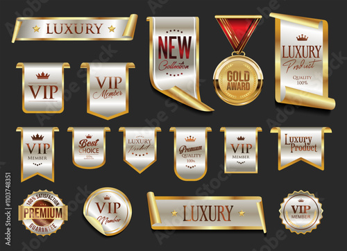 Gold and bronze luxury labels and badges premium quality certificate ribbons vector illustration 
