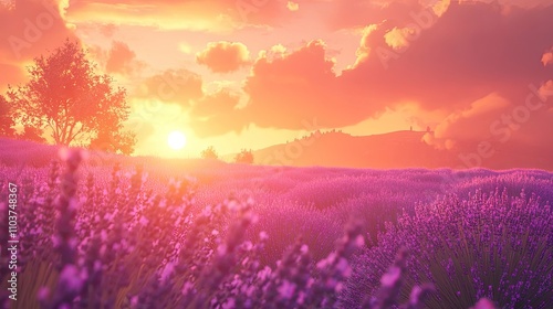 Dreamy sunset paints a serene scene over lavender fields, where a gentle breeze refreshes the atmosphere. The dreamy sunset and lavender fields create a tranquil ambiance with ample copy space.