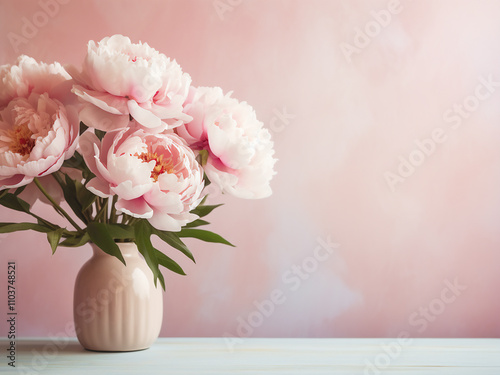 Beautiful peonies blooming in light colors perfect for March 8 Mother's Day or birthday gifts