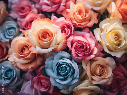 A lovely mix of small roses in different colors arranged in a beautiful bouquet