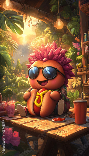 Happy hotdog character enjoying a summer day at a tropical shack. photo