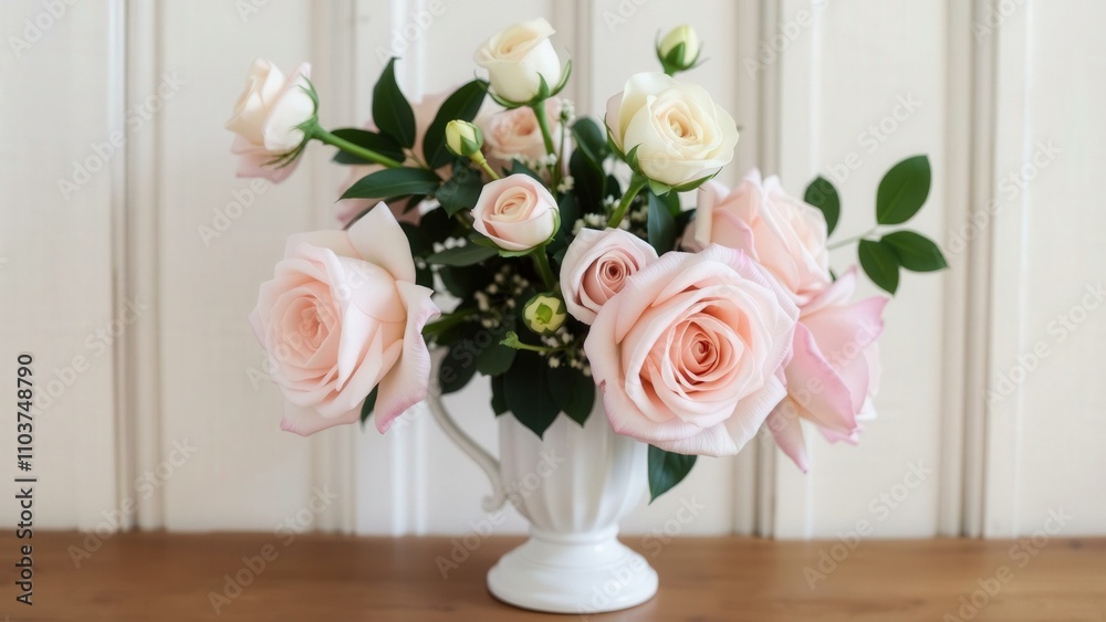 Elegant Pink Roses in White Vase on Wooden Table - Perfect for Home Decor, Gifts, or Special Occasions Elegant Pink Roses in White Vase on Wooden Table - Perfect for Home Decor, Gifts, or Special Occasions