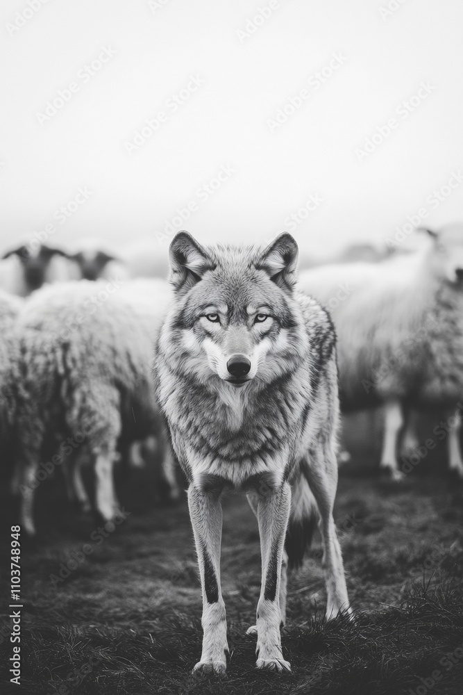 Fototapeta premium Majestic Wolf Stands Guard Among Sheep: Powerful Black and White Wildlife Photography for Nature, Conservation, and Animal Instinct Themes