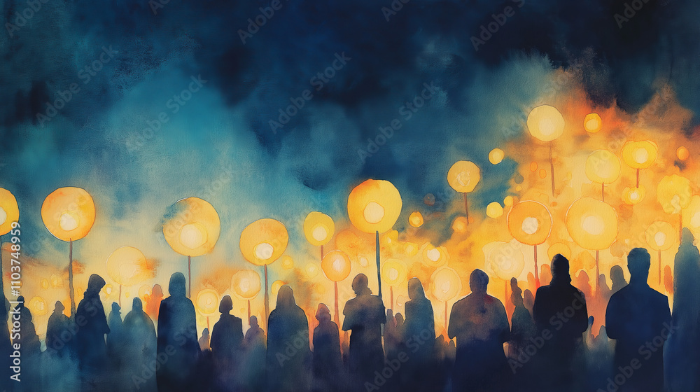 Silhouettes of people holding candles during a peaceful candlelight vigil at night, glowing warm light in a serene atmosphere, symbolizing hope, unity, and remembrance for World Peace Day Silhouettes of people holding candles during a peaceful candlelight vigil at night, glowing warm light in a serene atmosphere, symbolizing hope, unity, and remembrance for World Peace Day
