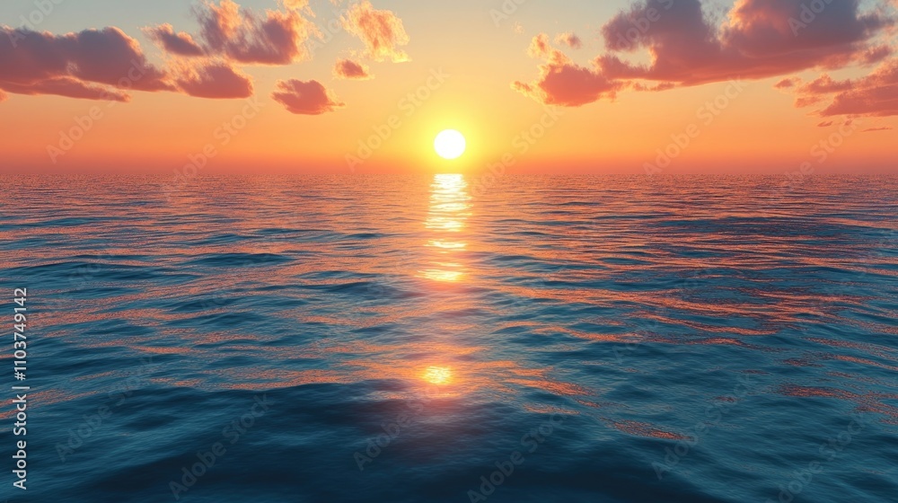 Obraz premium Serene sea sunset reflecting on calm waters, creating a peaceful atmosphere. The serene colors of the sea blend beautifully with the sunset, ideal for relaxation. Ample copy space available.