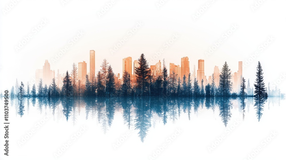 A serene landscape depicting a city skyline reflected in calm waters, surrounded by lush evergreen trees, capturing the harmony of nature and urban life.