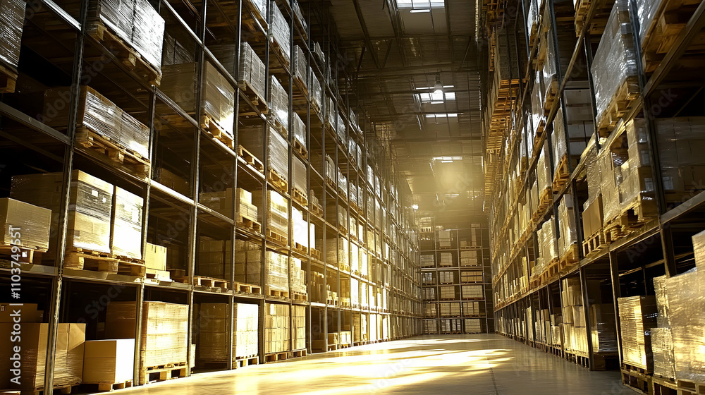 Warehouse Inventory. Rows of Pallets Stacked High Warehouse Inventory. Rows of Pallets Stacked High