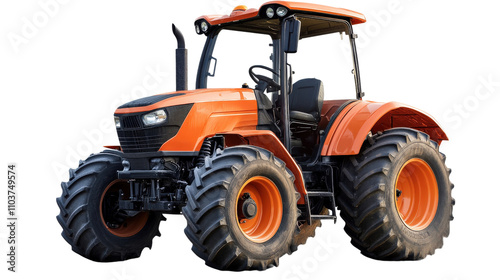 Powerful orange tractor with large tires, ideal for farming and agriculture. This robust vehicle showcases modern design and functionality, perfect for various outdoor tasks photo