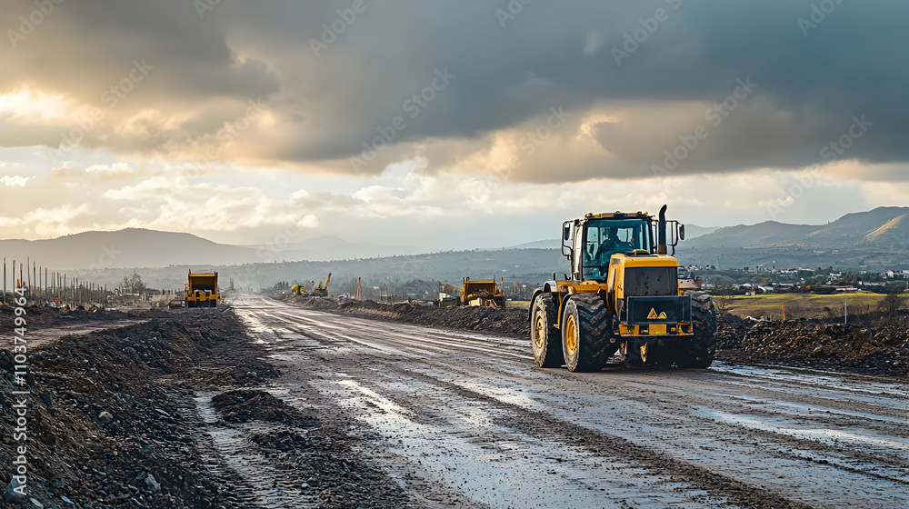 Construction Tractor on Muddy Road, Heavy Machinery Moves Earth During Road Construction Project Under Cloudy Sky Construction Tractor on Muddy Road, Heavy Machinery Moves Earth During Road Construction Project Under Cloudy Sky