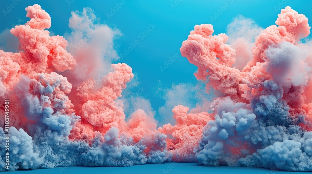 Pink and blue smoke clouds billowing against a vivid blue backdrop, enhanced by vibrant color blobs and intricate resin details in a dynamic composition. Pink and blue smoke clouds billowing against a vivid blue backdrop, enhanced by vibrant color blobs and intricate resin details in a dynamic composition.