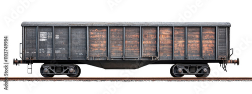 weathered freight train car with rustic appearance, showcasing its wooden texture and metal wheels, set against plain background