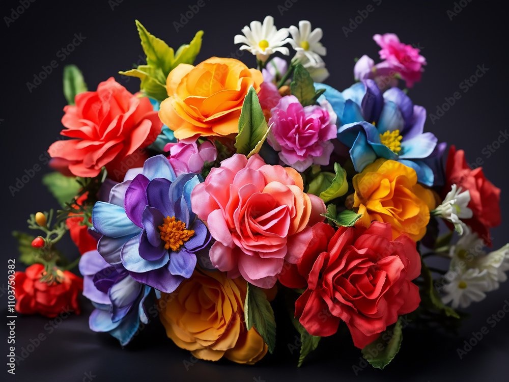 A bouquet of colorful flowers against a dark background with shallow focus A bouquet of colorful flowers against a dark background with shallow focus