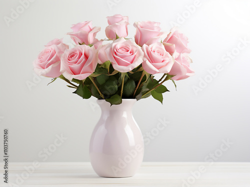 A bouquet of pink roses in a white ceramic vase on a simple white background