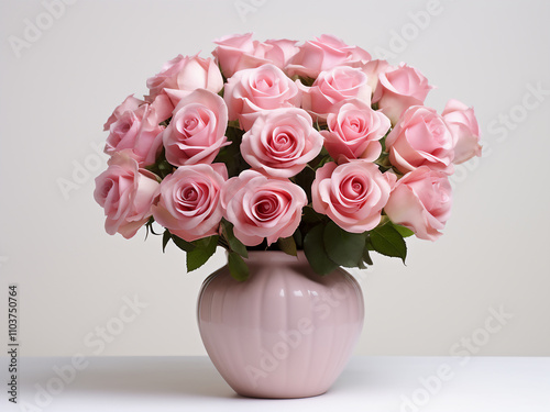 A bouquet of pink roses in a white ceramic vase with a white background