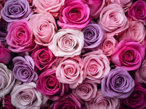 A bouquet of pink and purple roses in a fresh spring summer pattern and background