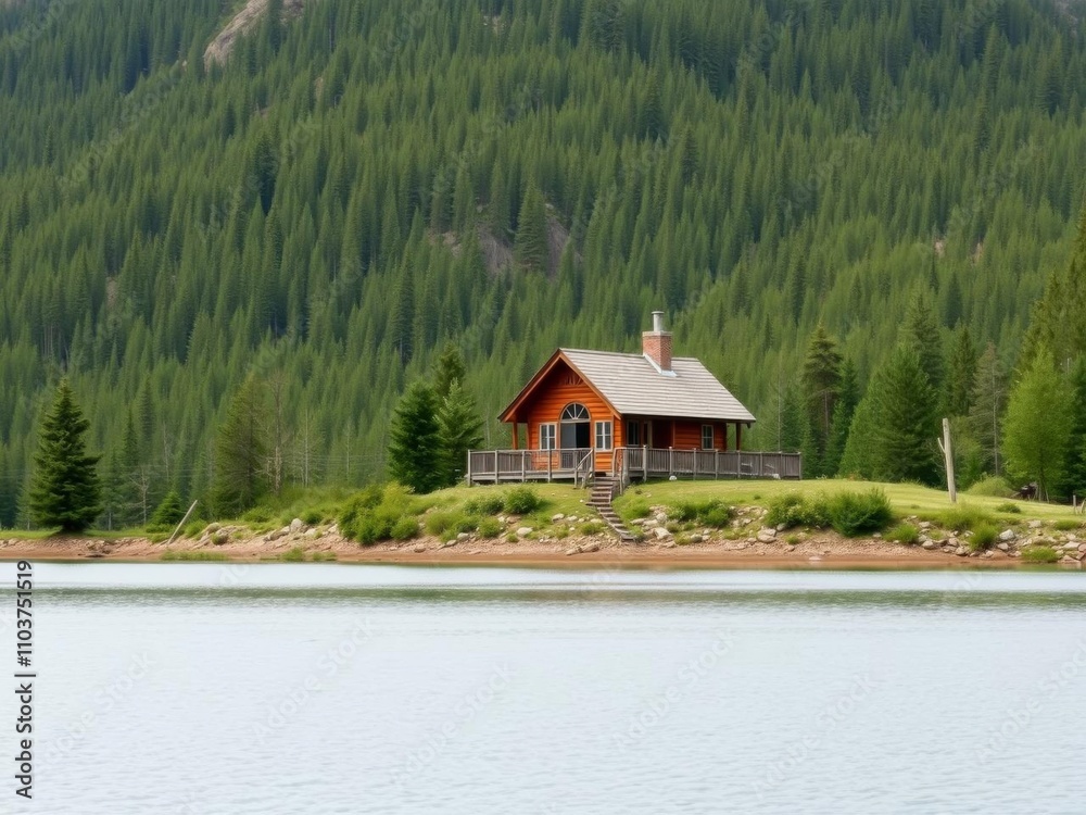 A picturesque small house nestled amongst the serene mountains, surrounded by lush greenery and a clear blue sky, peaceful, wilderness A picturesque small house nestled amongst the serene mountains, surrounded by lush greenery and a clear blue sky, peaceful, wilderness