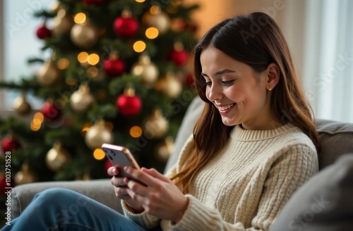 Young woman using cellphone and holding fan of cash money in dollar banknotes, sitting in Christmas decorated room, ordering gifts online