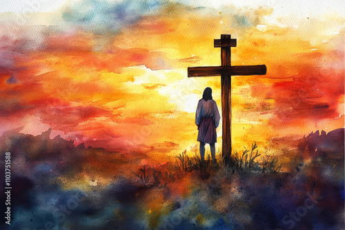 Jesus standing in front of a simple wooden cross, his silhouette framed by a beautiful sunset. The watercolor uses warm oranges, reds, and soft blues, symbolizing sacrifice and divine love.